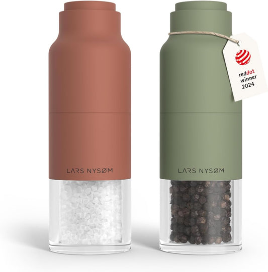 LARS NYSØM Salt and Pepper Grinder Set, Stainless Steel Manual Salt and Pepper Mills, Adjustable Ceramic Grinder, Design Spice Shakers (Red/Green)