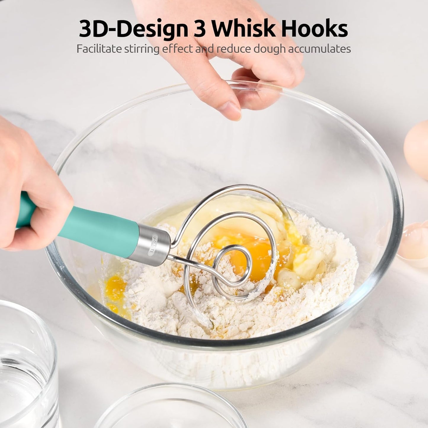 U-Taste 12.6in Danish Dough Whisk: 18/8 Stainless Steel Heavy-Duty Sourdough Mixer Tool, Food Grade Dutch Style Seamless Bread Wisk, Sturdy for Mixing, Stirring, Kneading Thick Batter (Aqua Sky)