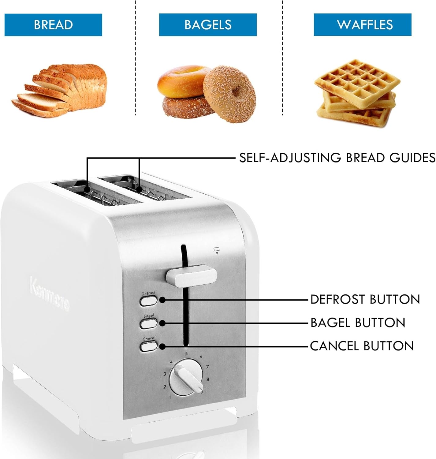 Kenmore toaster 2 slice - extra wide slot countertop kitchen appliance, defrost function, tostador de pan, 9 shade settings, compact design, easy clean crumb tray, bread bagel, stainless steel & White