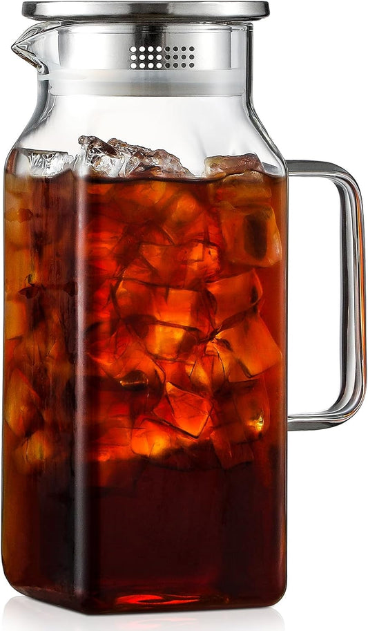 40 oz,1.2Liter Square Glass Pitcher with Lid and Spout, Breast Milk Pitcher with Handle for Fridge, Borosilicate Glass Carafe for Hot/Cold Drink, Small Jug for Iced Tea, Coffee,Water Storage Container