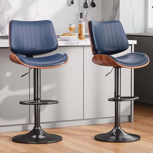 Swivel Bar Stools Set of 2, Adjustable Bentwood Barstools for Kitchen Counter, Modern PU Leather Upholstered Bar Chair with Back and Footrest, for Kitchen Island, Bar, Dining Room, Navy
