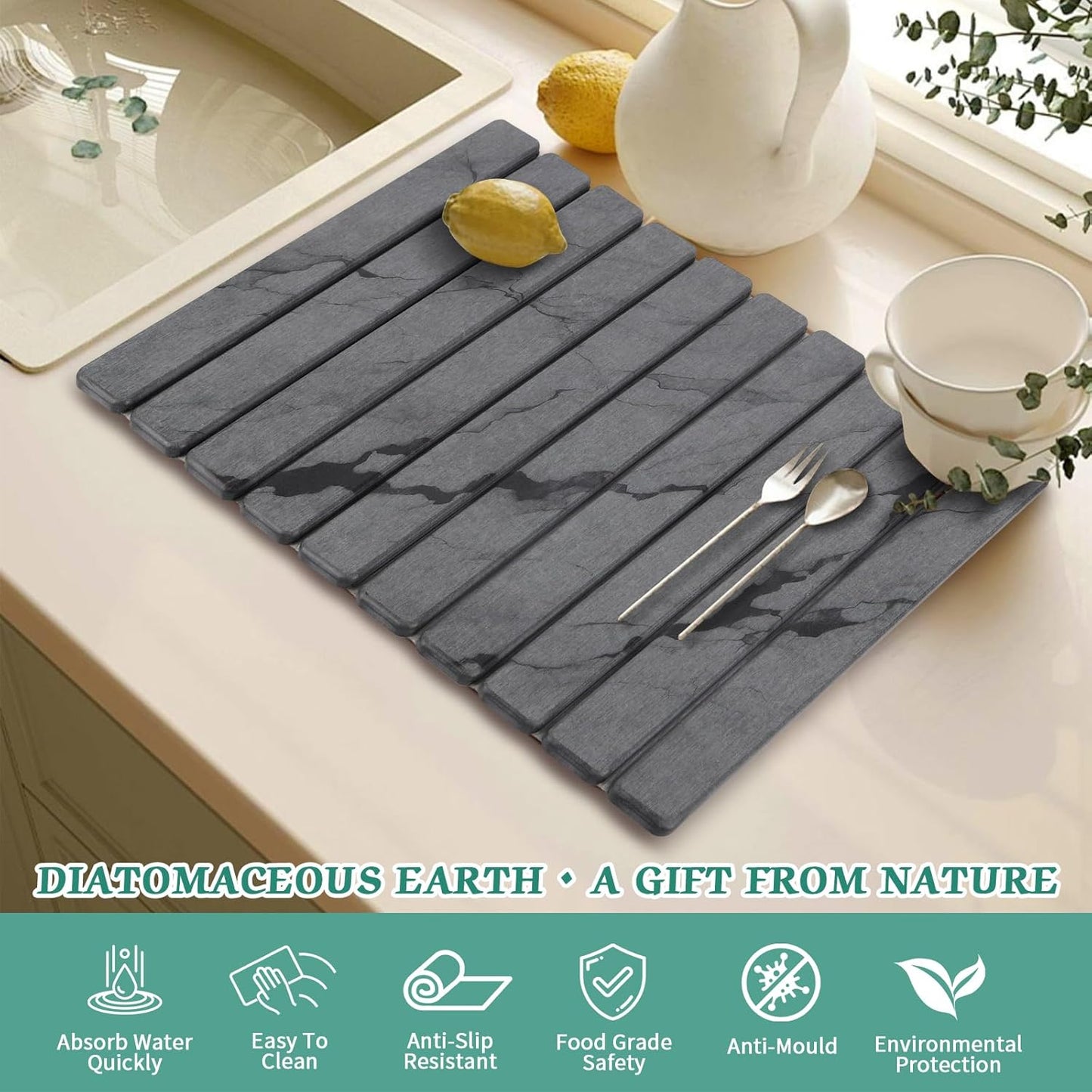 Stone Dish Drying Mat for Kitchen Counter, 24''×15'' Dark Grey Marble Dishes Drying Matt Kitchen Counter, Absorbent Diatomaceous Earth Bath Quick Dry Mats for Tableware, Bottles and Cup