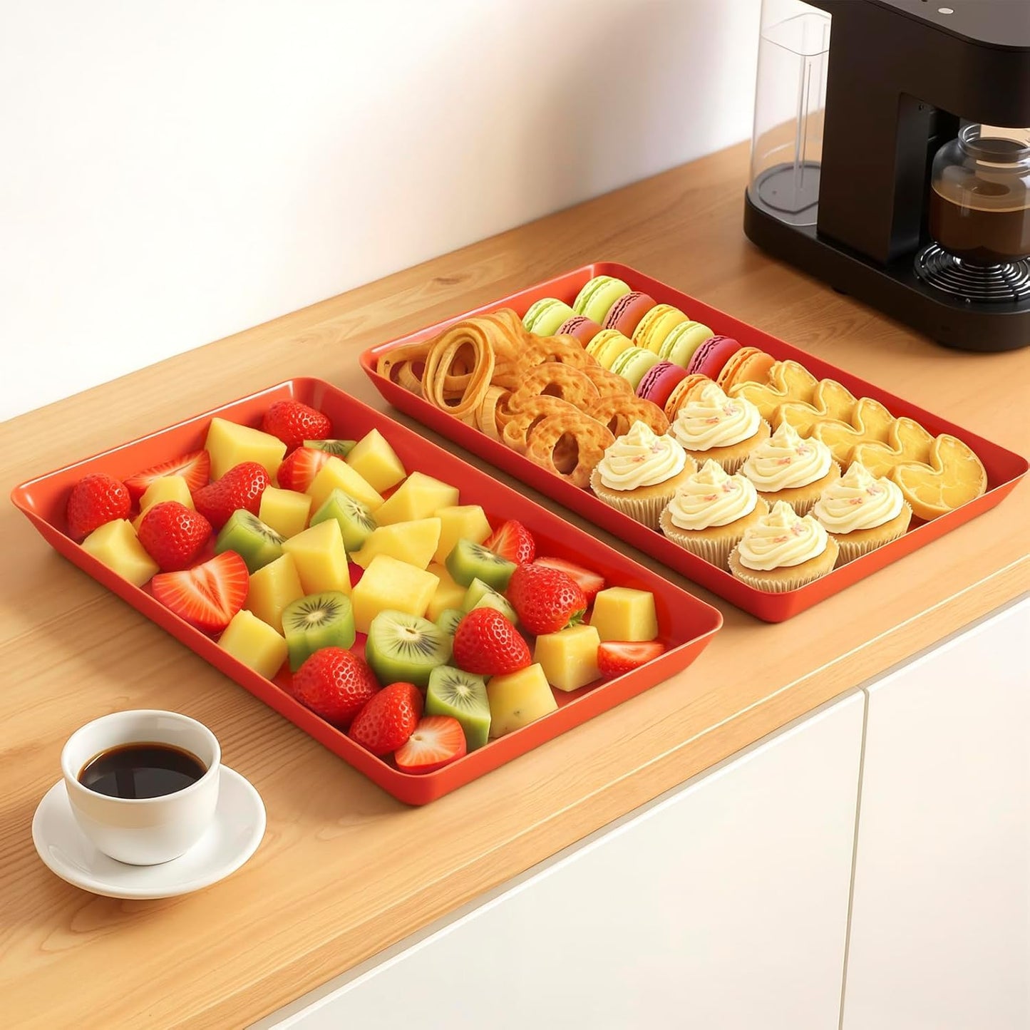 WOWBOX 4 pcs Serving Tray for Entertaining, Serving Platters for Snacks, Fruit, Cookies, Dessert, Reusable Plastic Trays for Serving Food and Pantry Organization in Kitchen & for Parties, (Red)