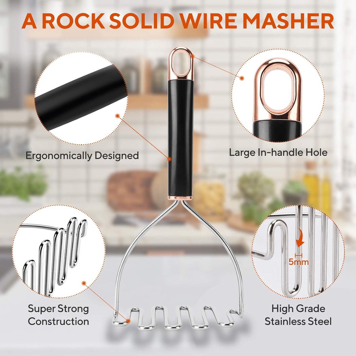 Potato Masher, Potato Masher Stainless Steel, Heavy Duty Mashed Potatoes Masher, Professional Metal Wire Masher Kitchen Tool for Bean, avocado, Vegetable-10.24 inch （Rose Gold）