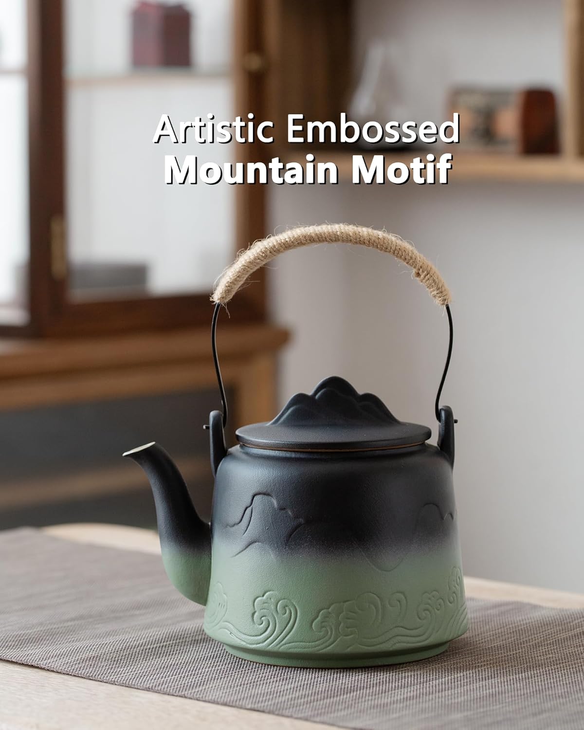 ZENS Vintage Japanese Teapot, 33.8 oz Embossed Ceramic Loose Leaf Teapot with Built-in Strainer for Hot Tea Steeper, Hemp Rope Handle Japanese Tea Brewer Pot for Tea Lovers Gifts