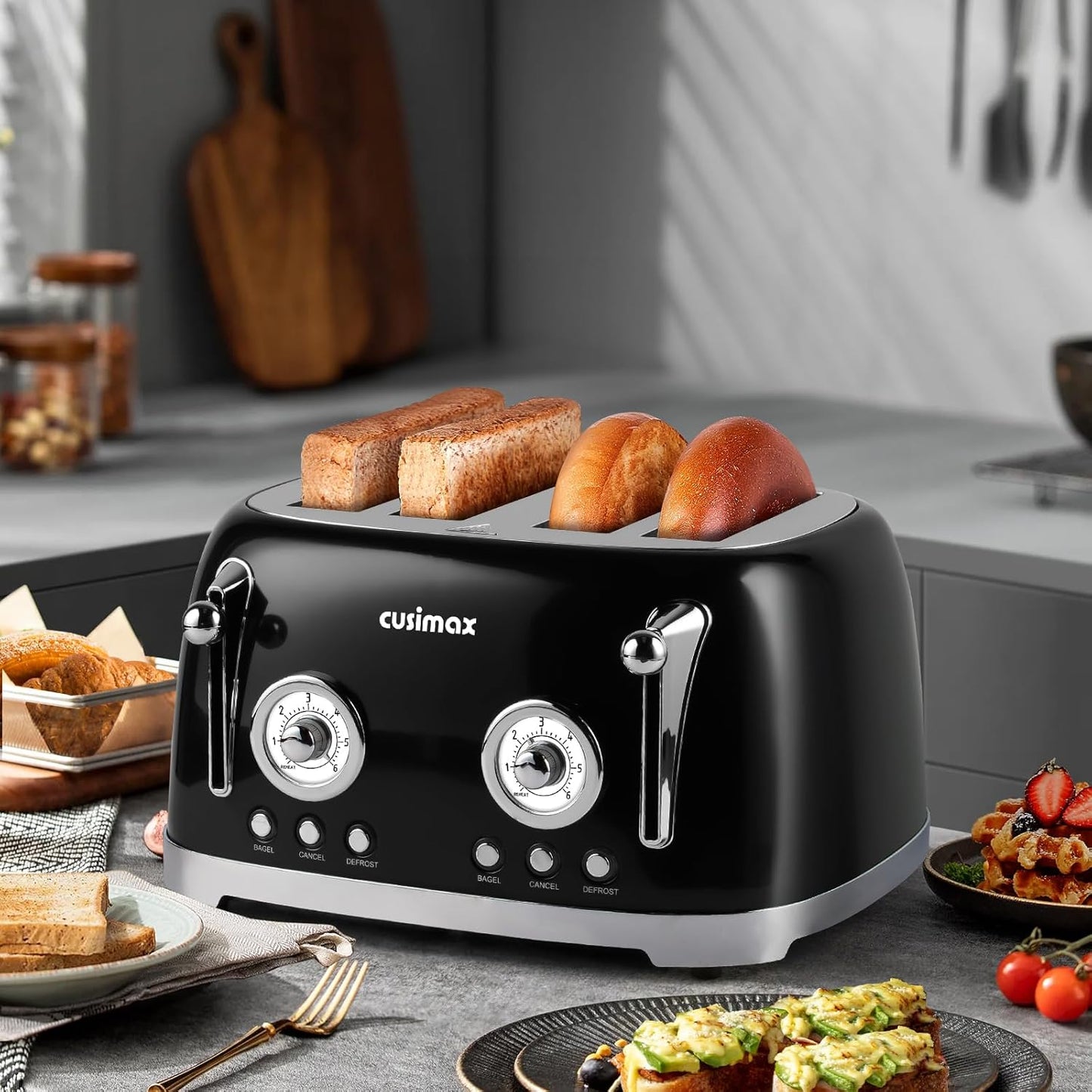 CUSIMAX Retro 4-Slice Toaster with Wide Slots, Stainless Steel, 6 Toast Settings, Bagel, Cancel, Defrost & Reheat Functions, Dual Independent Control Panels, Black