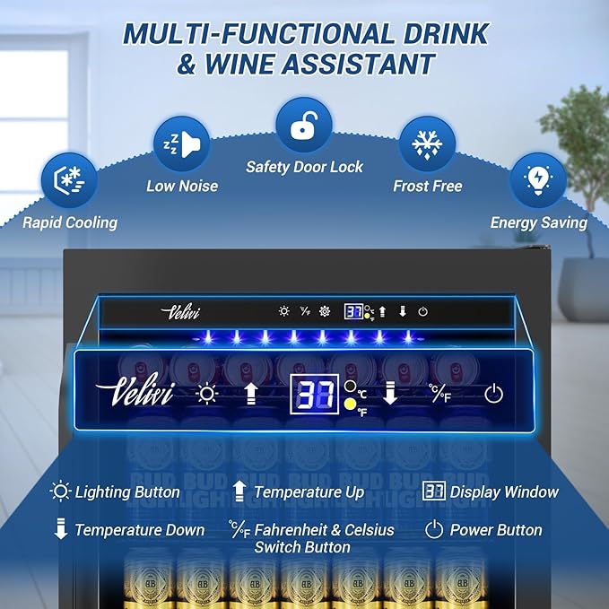 24" Black Beverage Refrigerator Cooler: 24Inch Built-In Under Counter Fridge for Soda, Beer, Drink | 168Cans Large Capacity - Perfect for Kitchen, Bar, or Office