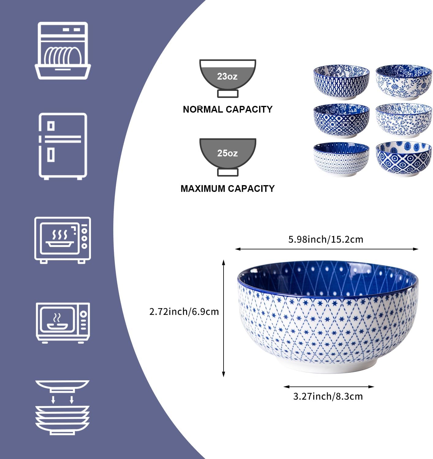 Ceramic Soup Bowls Set - 23 Oz Deep Cereal Bowl for kitchen - 6 Inch Porcelain Salad Bowl for Pasta, Dessert, Ramen - Microwave Dishwasher Safe - Set of 6 - Vintage Blue
