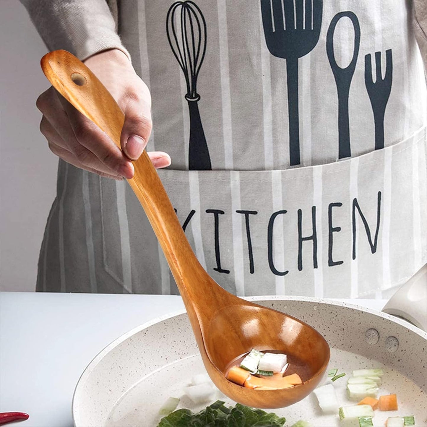 3 Pack Wooden Ladles for Serving Spoon Soup Ladle Wood Spoons for Cooking Ladel Large Bamboo Kitchen Tools Ladles Big Spaghetti Spoon Laddle Non Toxic Soup Spoons Teak deep Ladle