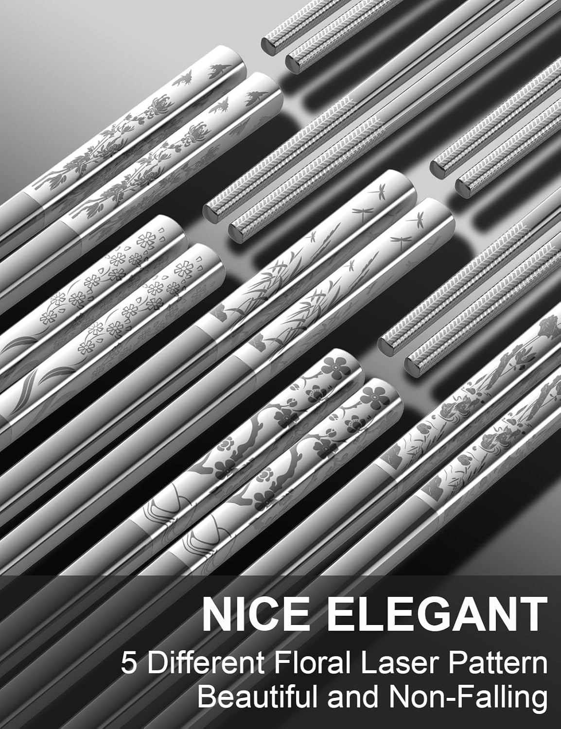 Metal Chopsticks Reusable 18/8 stainless steel Chopsticks 5 Pairs Classical Oriental Floral Dishwasher Safe Lightweight Non-Slip Chop Sticks 9 1/4 Inches Present Set