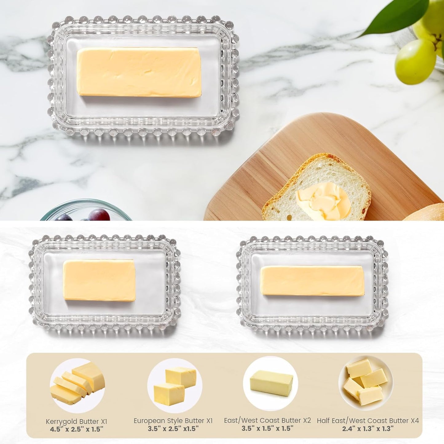 Glass Butter Dish with Large capacity for Countertop Crystal Butter Container with Cover for Counter Butter Keeper Tray Holder for Refrigerator