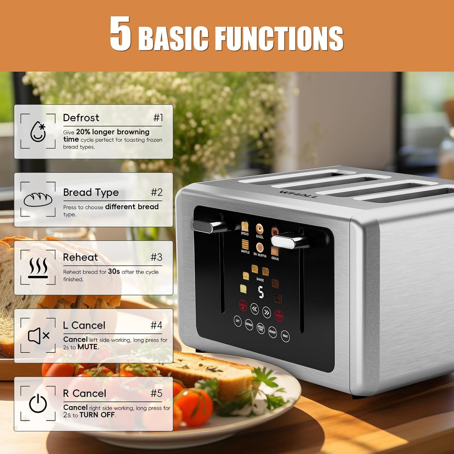 whall 4 Slice Touch Screen Toaster, Stainless Steel Toasters Digital Timer, Dual Control Panel Toasters，6 Shade Settings＆6 Bread Types, Smart Wide Slots, Bagel, Cancel, Defrost,Flat lever Silver