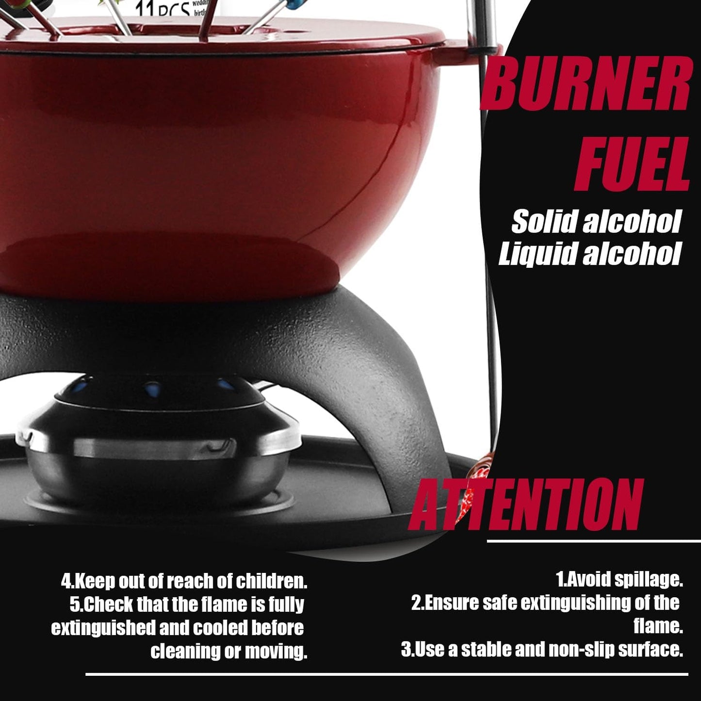 Artestia Cast Iron Cheese Fondue Set 11-Piece with Adjustable Burner, 6 Colored Forks, 5-Cup Red Swiss Fondue Set for Cheese, Chocolate, Caramel, Meat – Family Size 4-6 Persons