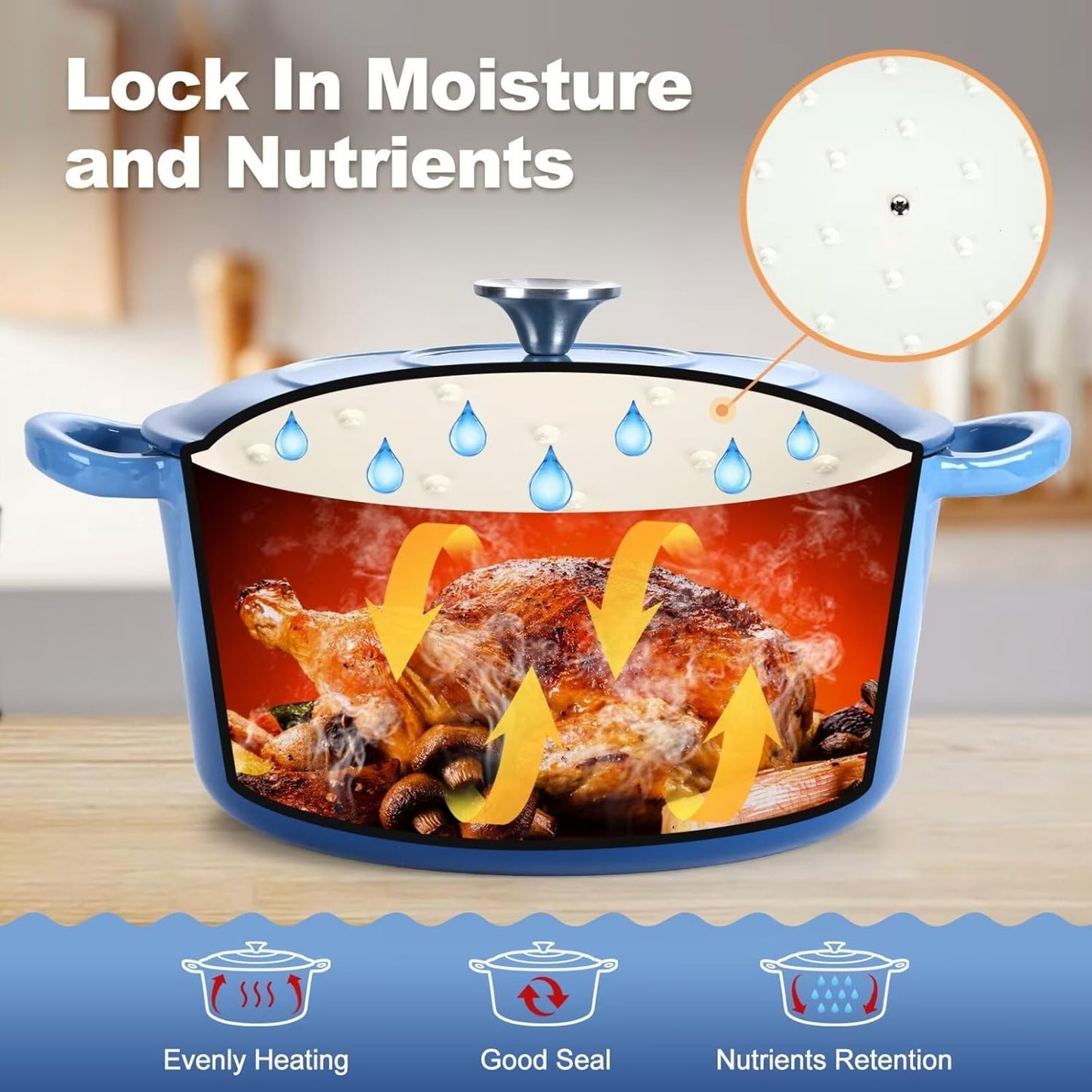 P&P CHEF 6QT Enameled Dutch Oven, Cast Iron Dutch Oven Pot with Lid for Bread Baking, Enameled Casserole Pot for Roasting Braising Stewing Frying Simmering, Various Stoves & Easy Clean, Blue