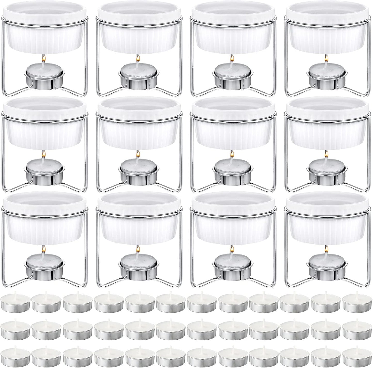 60 Pcs Ceramic Butter Warmers Set, Include 12 Butter Warmers for Seafood Melter with Stands, 48 Tea Light Candles Food Warmer Candle for Fondue Chocolate Dishwasher Microwave Oven Safe