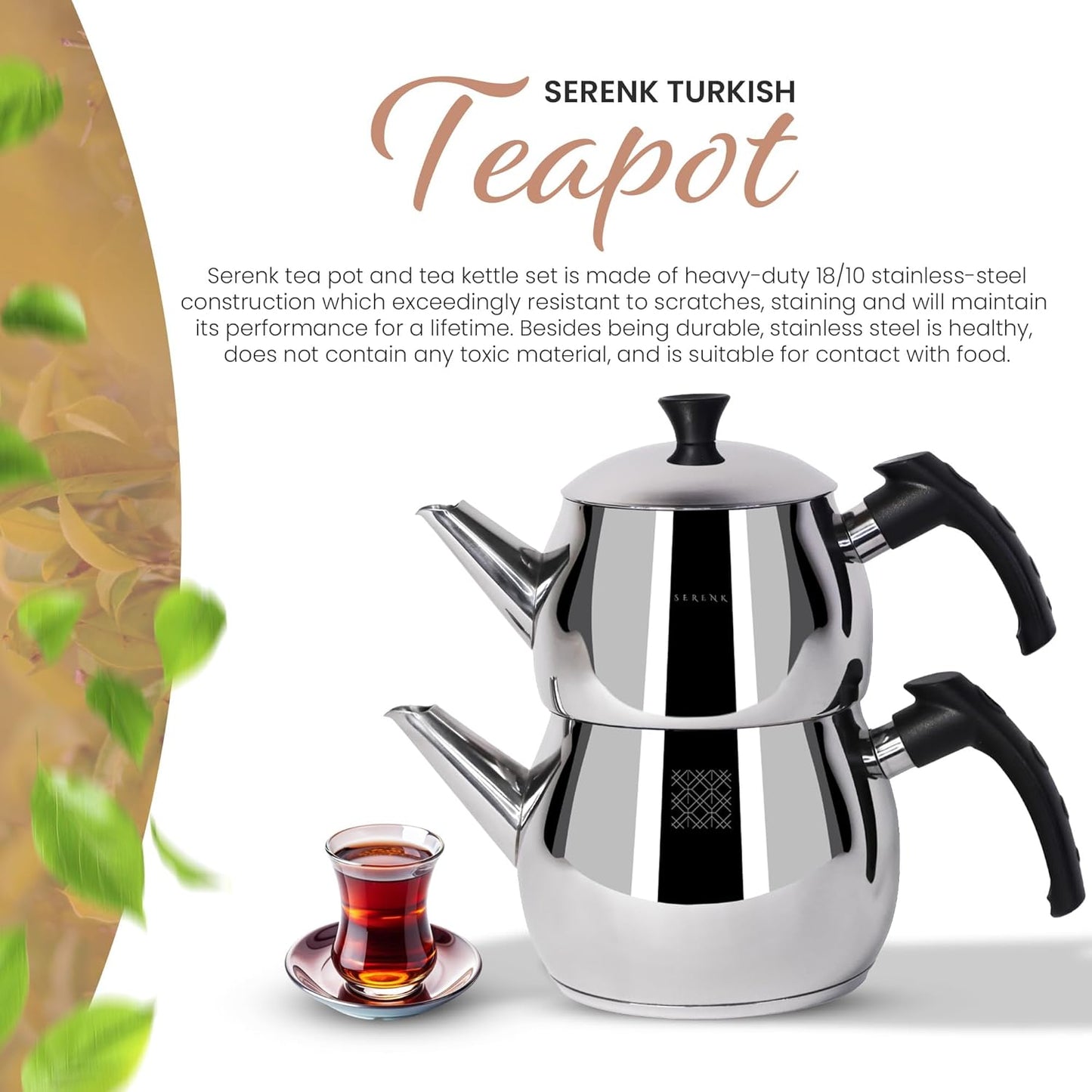 Serenk Stainless Steel 3 qt(101 fl oz) Turkish Tea Pot Sets With Lids And NonSlip Bakelite Handles For All Stove Type Turkish Tea Maker Two Pots With Termo Capsuled Induction Base (Black Small)