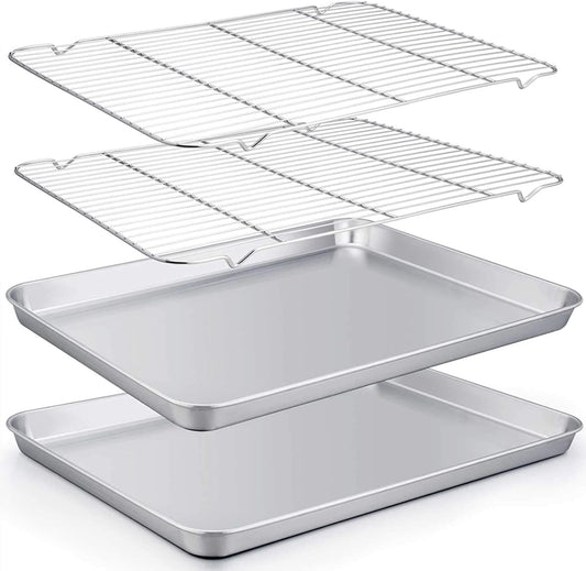 TeamFar Baking Sheet with Rack Set of 4, 20’’×14’’×1.2’’, Half Size Stainless Steel Cookie Sheet Baking Pans with Cooling Rack Set, Non Toxic & Rust Free, Mirror Finish & Easy Clean, 2 Pans & 2 Racks