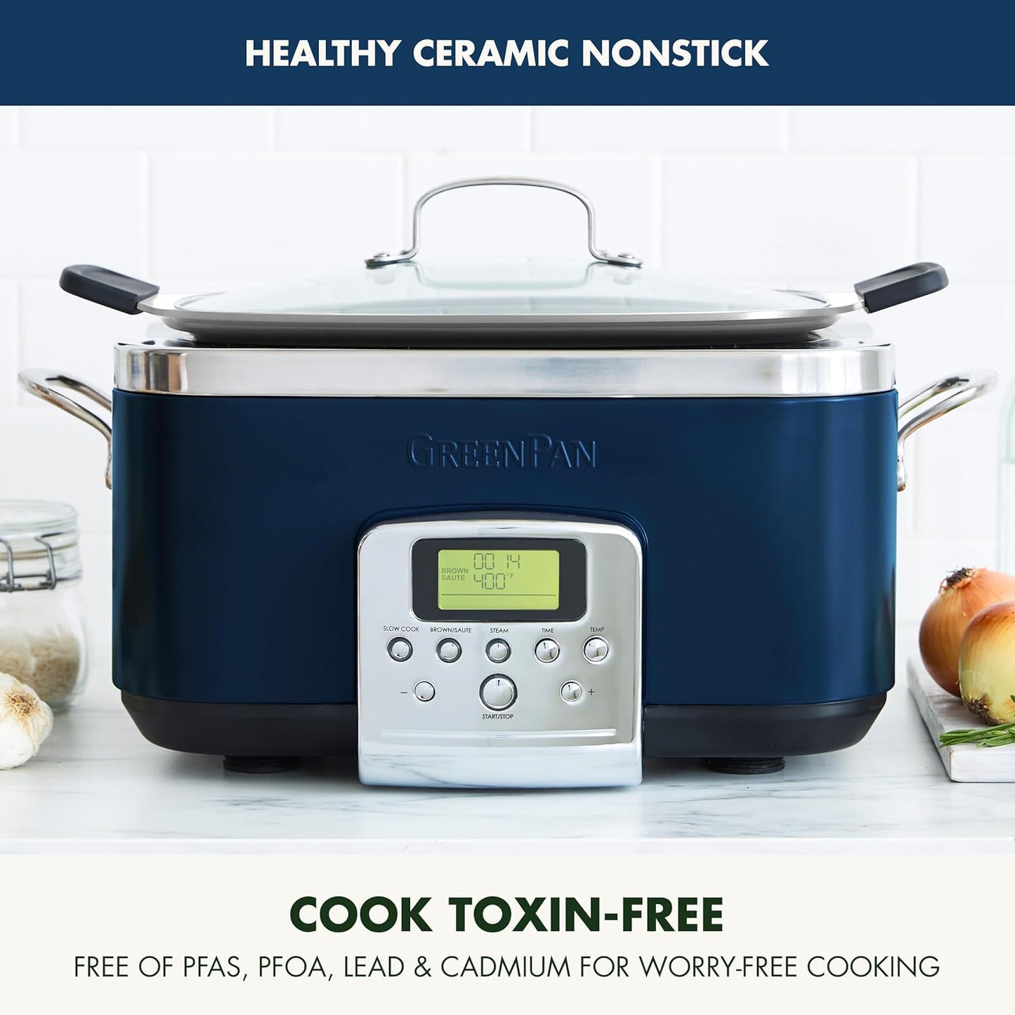 GreenPan Elite 8-in-1 Programmable 6QT Electric Slow Cooker,Dishwasher Safe Lid & Removable Crock, PFAS-Free Healthy Ceramic Nonstick Multi-Cooker,Sear, Sauté,Brown,Steam Basket,Roast, Oxford Blue