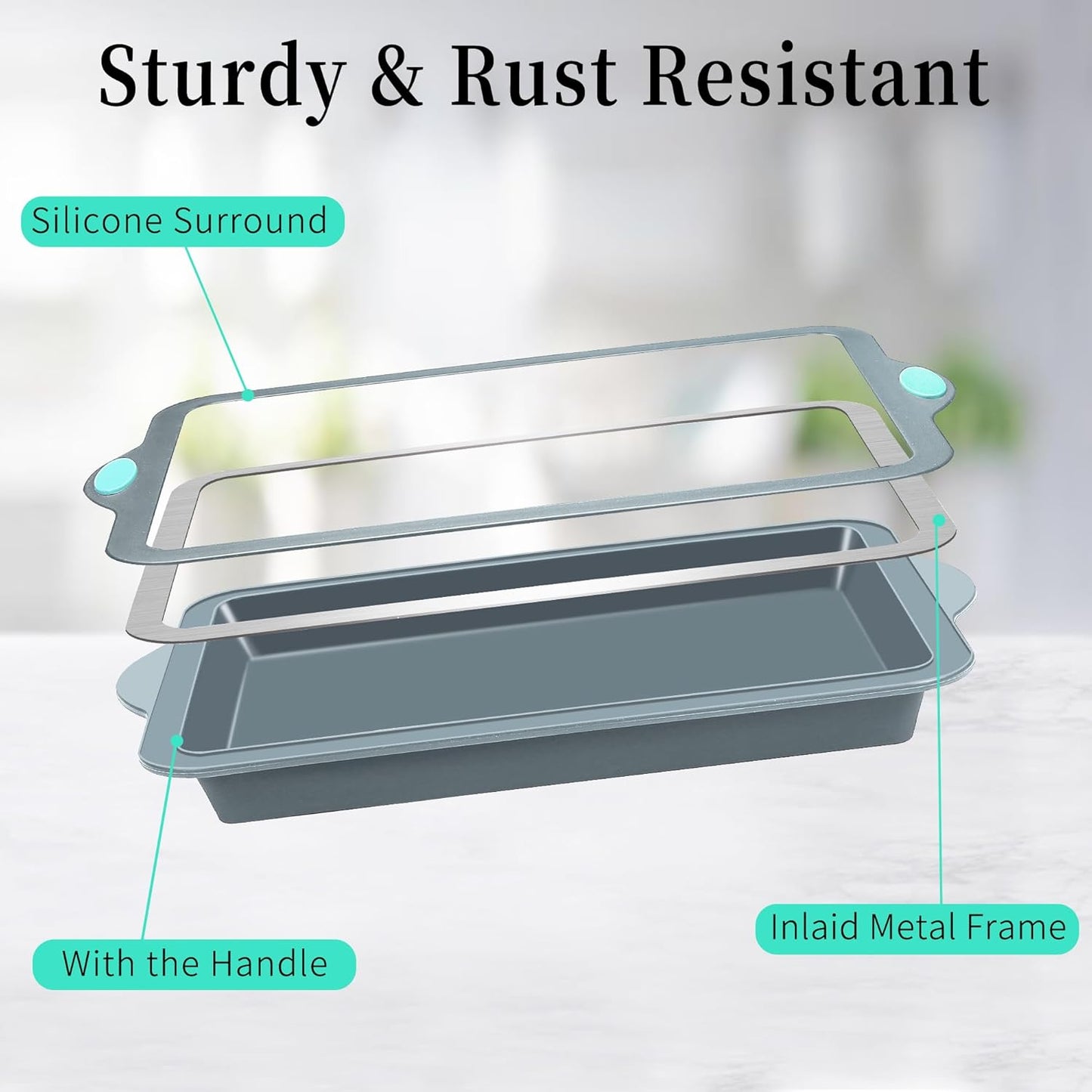 To encounter Silicone Baking Pans Set, 4 Pieces Nonstick Bakeware Set with Baking Pans, Baking Sheets, Cookie Sheets, Cake Pan with Metal Reinforced Frame More Strength, Light Grey