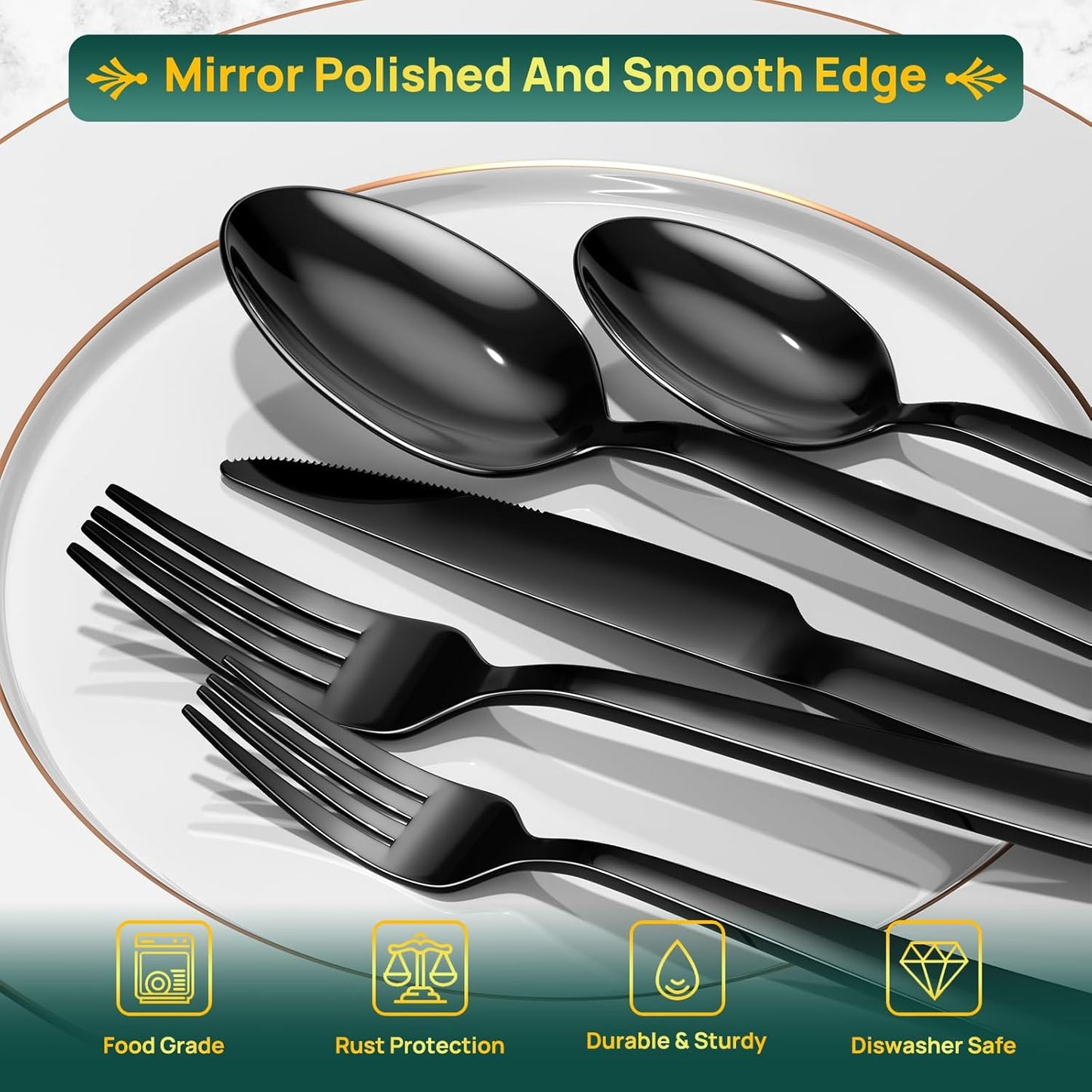 60 Pieces Black Silverware Set, Premium Stainless Steel Flatware Set for 12, Yoehka Mirror Polished Tableware Cutlery Set for Home and Restaurant, Include Knife/Spoon and Fork, Dishwasher Safe