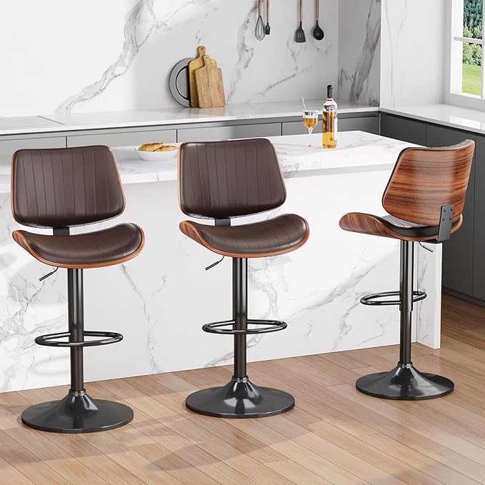 Swivel Bar Stools Set of 3, Adjustable Bentwood Barstools for Kitchen Counter, Modern PU Leather Upholstered Bar Chair with Back and Footrest, for Kitchen Island, Bar, Dining Room, Brown