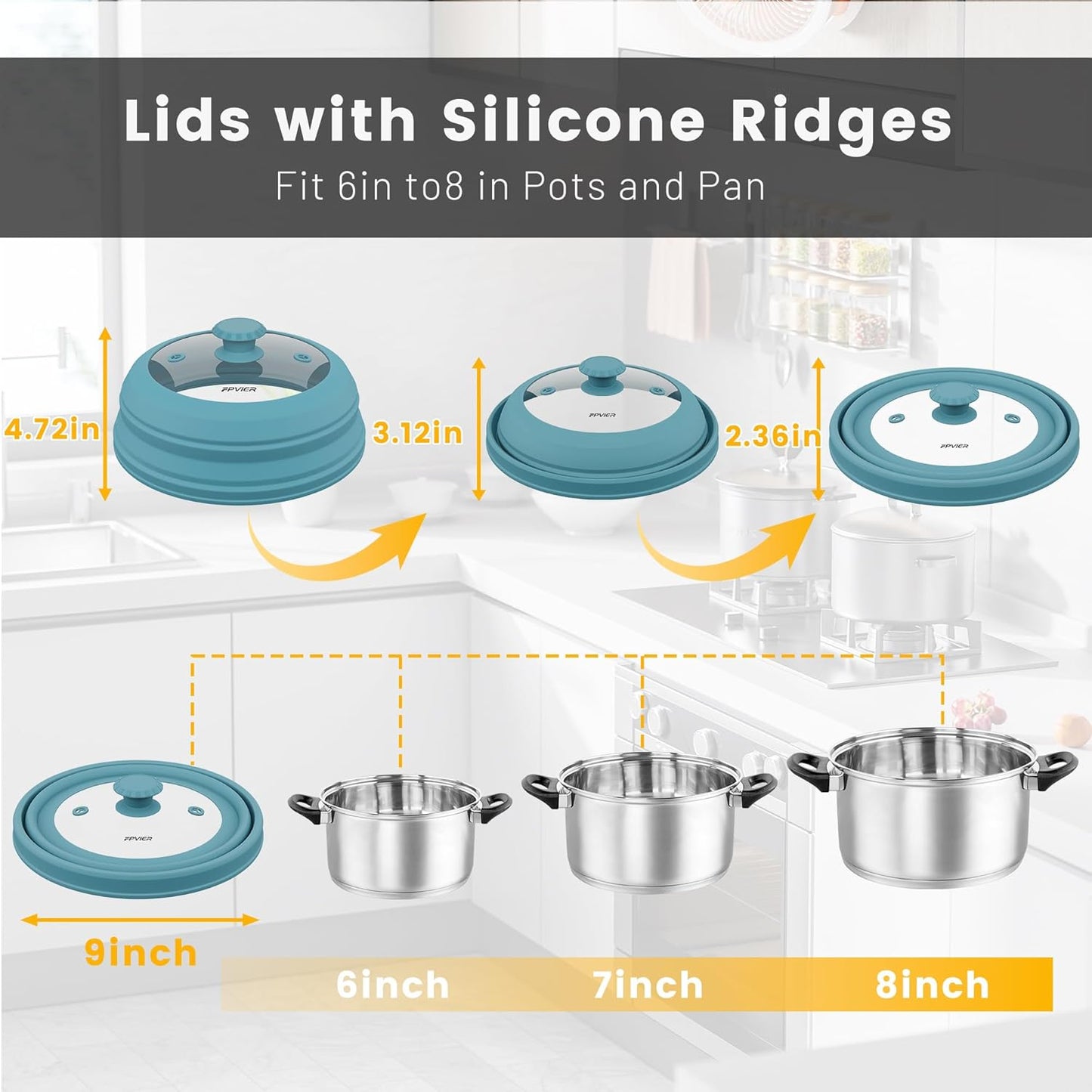 Collapsible Microwave Splatter Cover - Vented Silicone & Glass Lid with Easy-Grip Handle, Fits 6 to 8 Inch Plates & Bowls, 9 Inch Diameter, Prevents Splatters & Ensures Even Heating