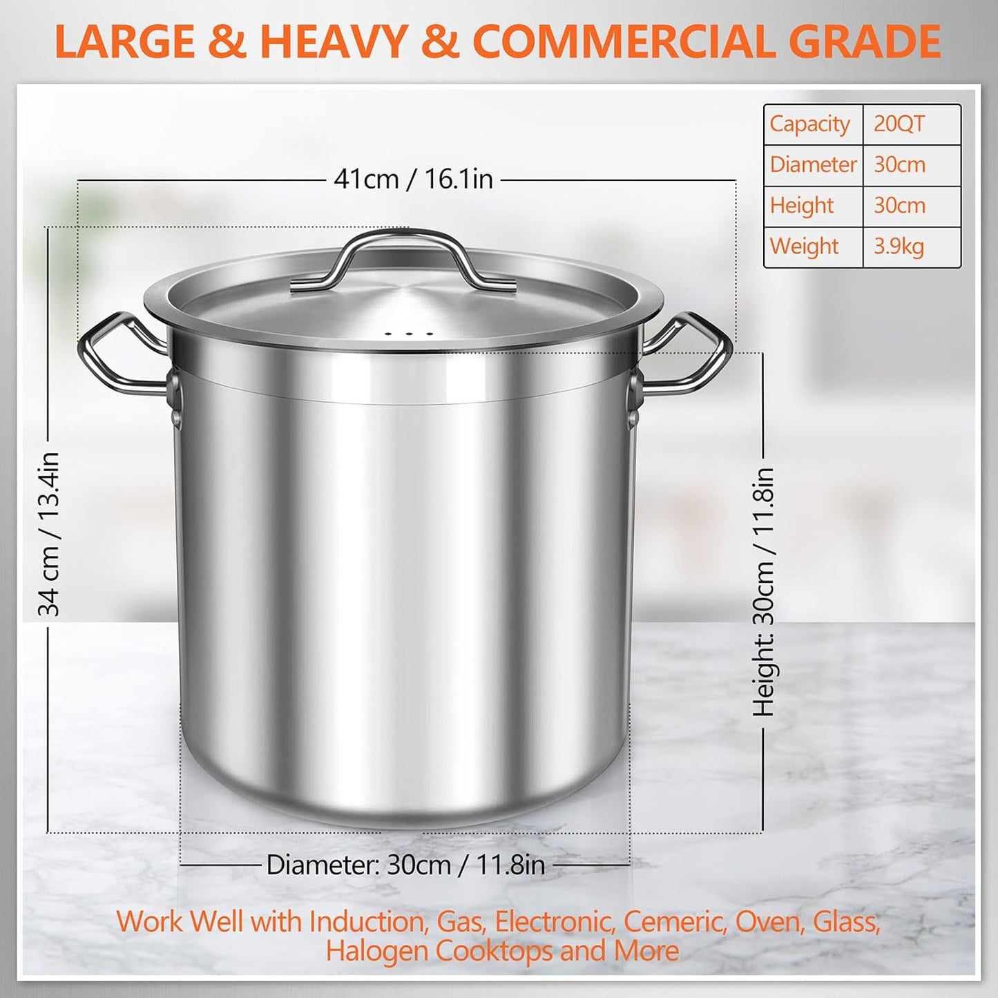 Stock Pot 20 Quart - Stainless Steel Stock Pot with Lid – Heavy-Duty Cooking Pot for Soup, Stew, Pasta – Commercial & Home Use, Induction Compatible - 5 Gallon