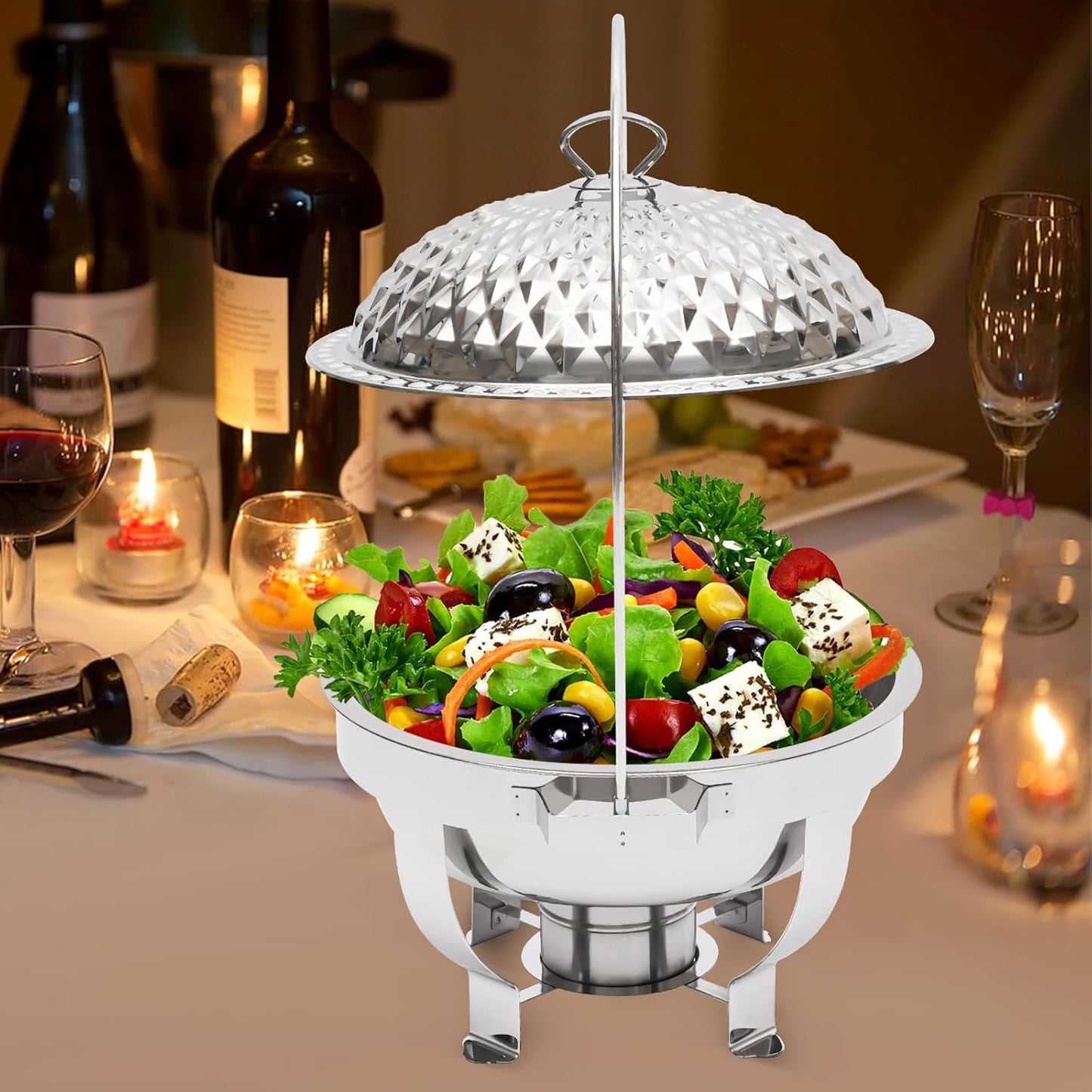 Chafing Dish Buffet Set Silver Accent, 4.5L Round Stainless Steel Chafer, Upgraded Buffet Servers and Warmers Set Warming Tray for Wedding, Parties, Banquet and Events (Silver)