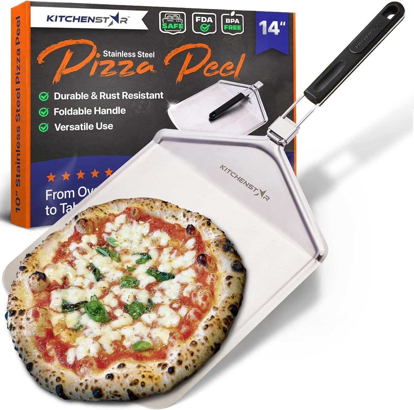 KitchenStar Stainless Steel Pizza Peel 14 inch with 10 inch Folding Handle, Large - Spatula Paddle for Effortless Pizza Transfer & Easy Storrage - Outdoor Pizza Oven Accessories