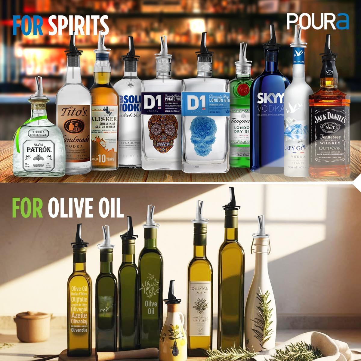 3-in-1 Liquor Pour Spout | Olive Oil Spout with Built-in Caps for Optimal Fly and Dust Protection - Dishwasher Safe, Hygienic Alcohol Speed Spouts - Black 2 PCs with 2 Adapters for Large Neck Bottles