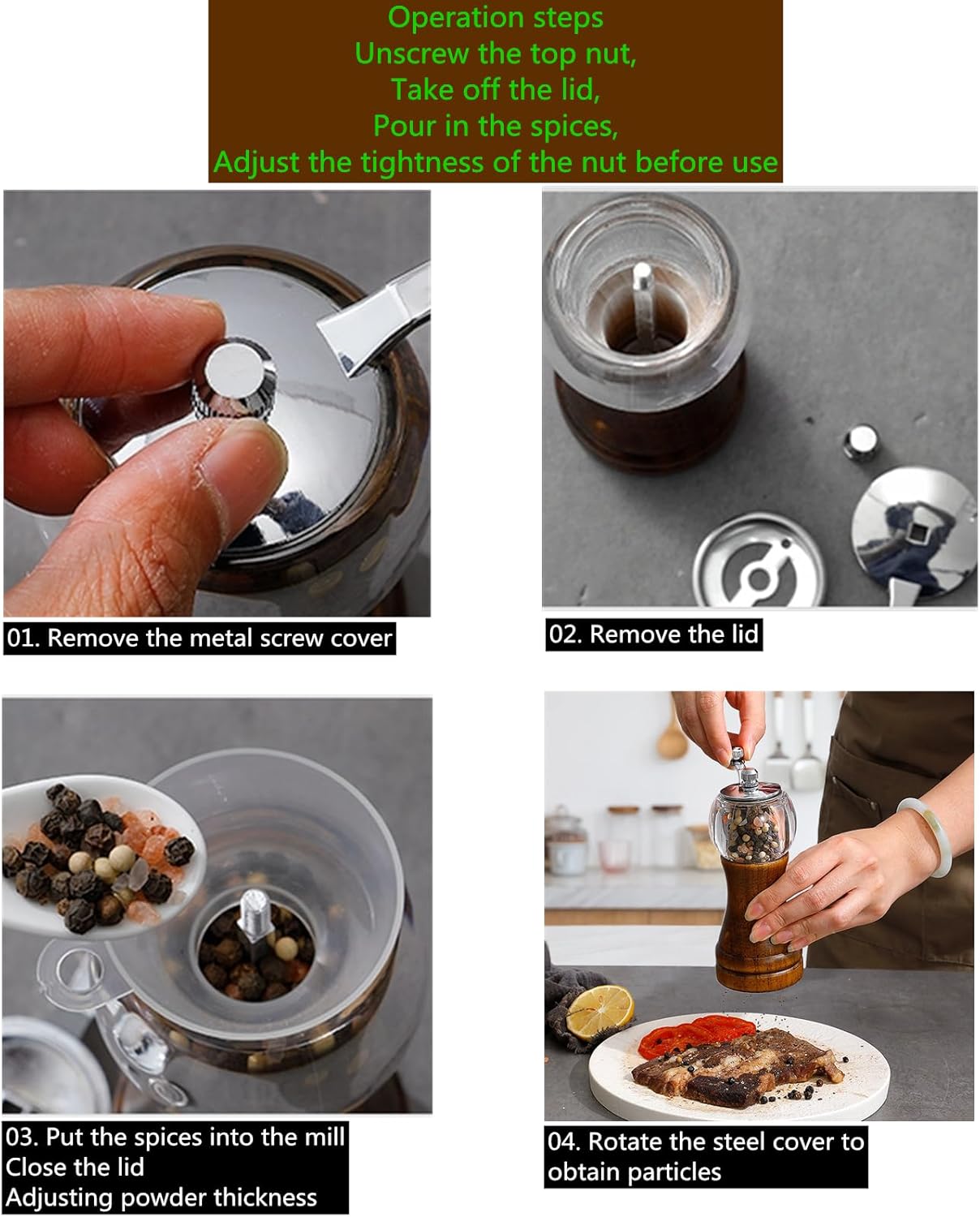 Pepper Mill Set, Manual Pepper Mills, Classical Hand Shake Wooden Pepper Grinder Set or Salt Grinder, Salt Mills Ceramic Blades Metal Handle, Enjoy Fresh Ground spices (Antique 1pcs-6in)