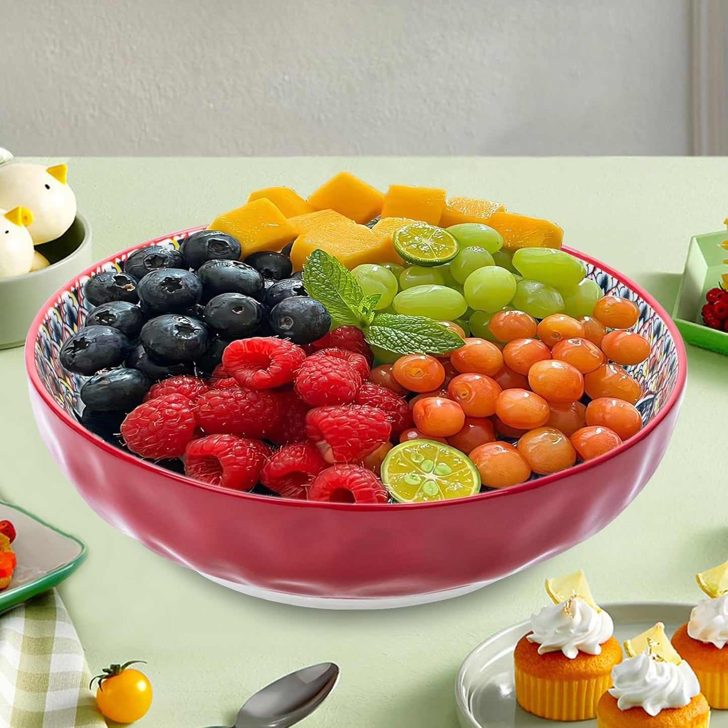 Large Serving Bowls, 75 Oz Fruit Salad Bowls Set of 2, Bohemian Style Large Porcelain Dishes for Entertaining Parties,Big Bowls for Salad, Pasta, Fruit, Chips, 10.3 Inch Diameter (red.red)