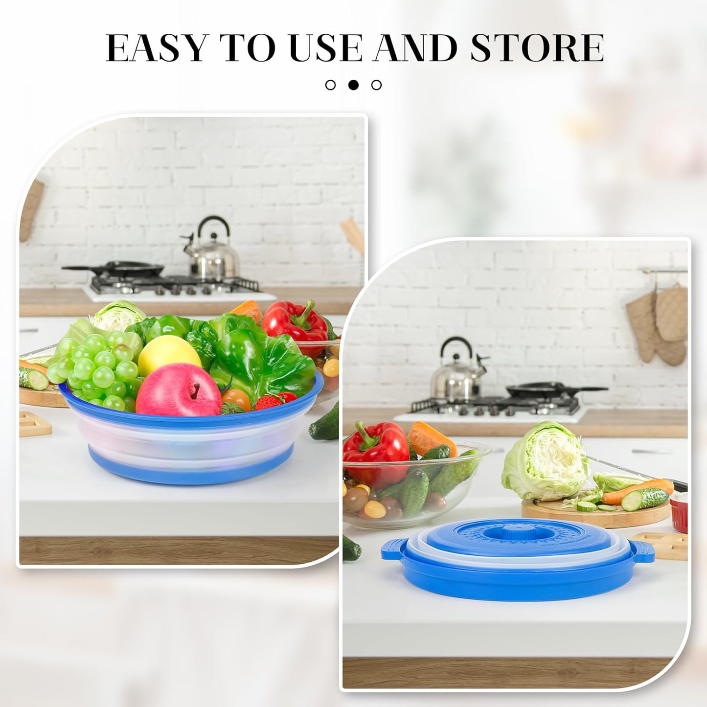 10.7 Inch Microwave Food Cover with Heat Insulation Mat, Anti-Scald Collapsible Microwave Splatter Cover, Multi-Functional as Colander & Fruit Plate, Dishwasher Safe, Ideal for Meal Prep (Dark Blue)