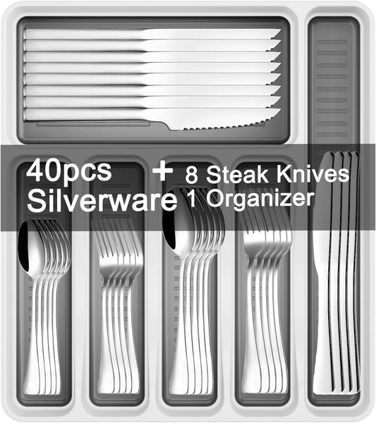 49-Piece Silverware Set with Organizer, Stainless Steel Kitchen Utensils Set for 8, Cutlery Flatware Set with Steak Knives Fork Spoon for Home Kitchen Tableware, Dishwasher Safe