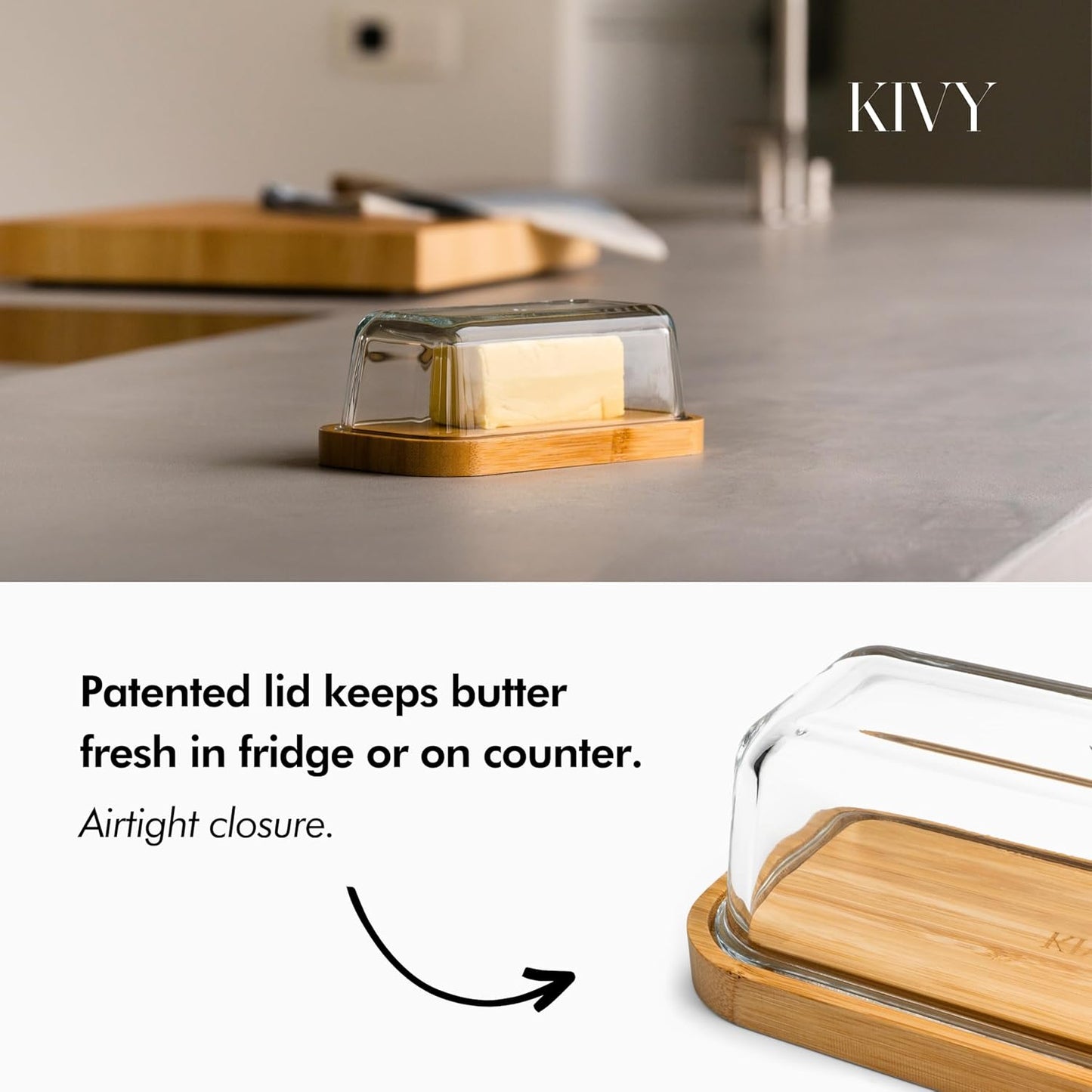 KIVY Butter Dish (White Marble & Glass) - For countertop and refrigerator door shelf - Marble butter keeper - Stone butter dish - Glass butter dish with lid - Dishwasher Safe