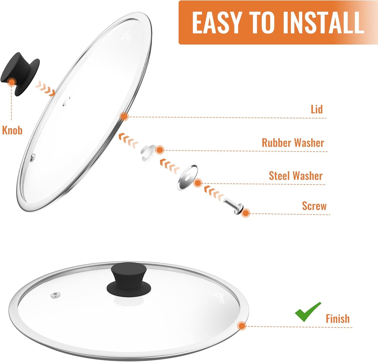 8 Inch Pan Lid For Pots Pans and Skillets, Cast Iron Skillet Lid, Tempered Glass Pan Lids, Replacement Pan Cover for Frying, Wok, Crock Pot Lid with Wide Stainless Steel Rim, Cooking Pot Covers