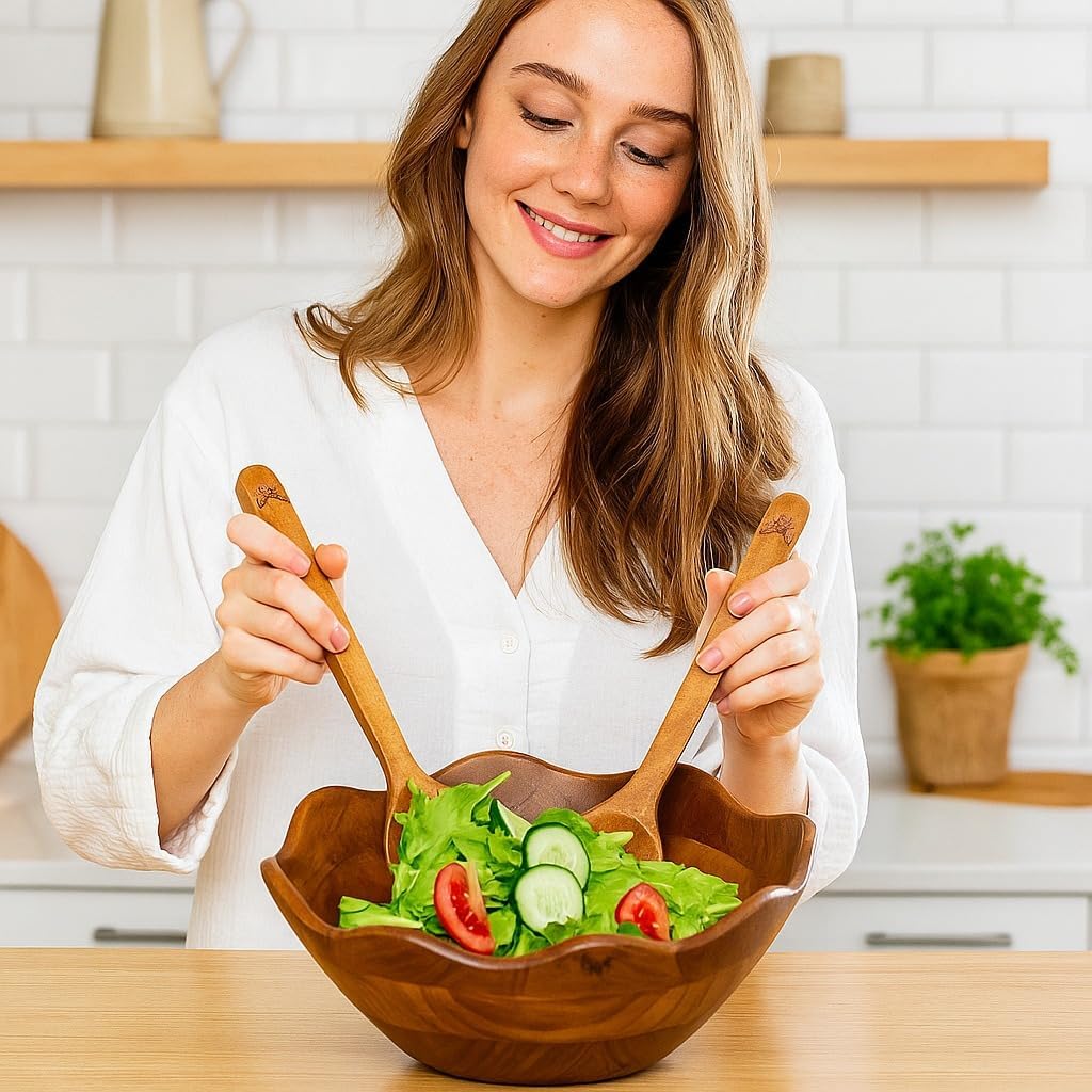 Melvvi Large Wooden Salad Bowl Set with 2 Small Bowls and 2 Serving Utensils | 12" & 6" Acacia Wood Bowls for Food | Great Gift for Kitchen & Dining (Natural Set of 5) (Natural Set of 3)