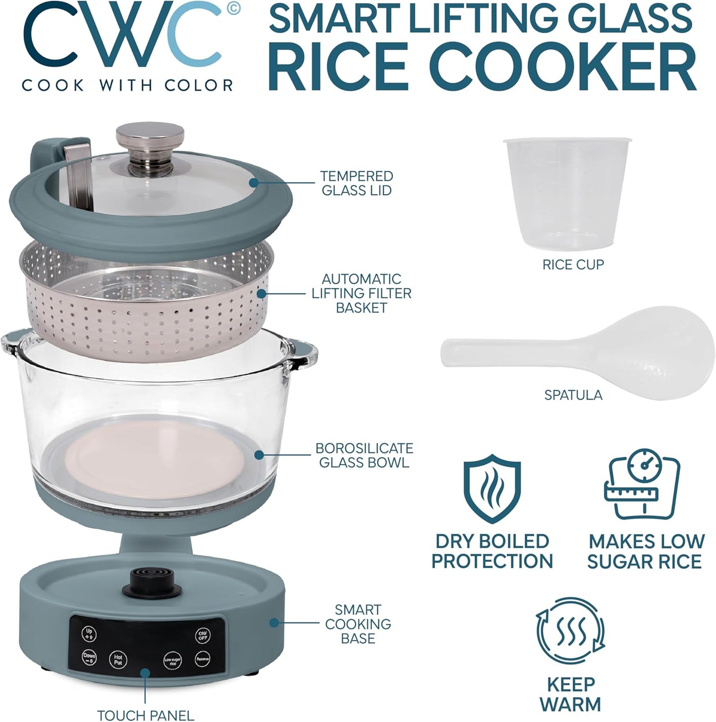 COOK WITH COLOR 3L Glass Low Carb Rice Cooker - Makes 6 Cups Low Sugar Rice with Auto Lift Filter Basket, Hotpot & Steamer for Rice, Grains and Oats, Digital Panel with Keep Warm Function, Slate Blue