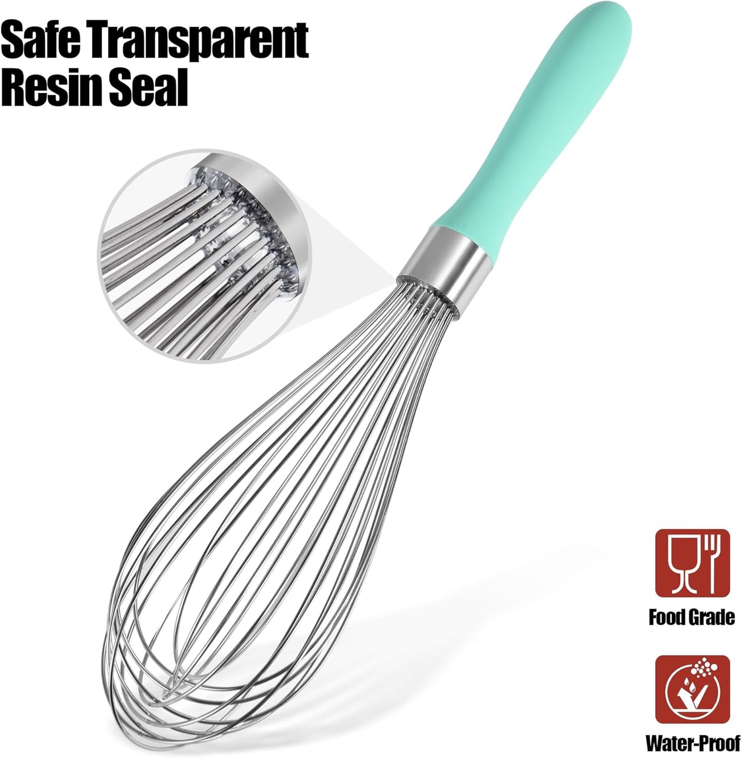 18/8 Stainless Steel Balloon Whisk, Doosu Kitchen Whisk for Cooking Handheld Egg Beater with Rust-Proof Sturdy Wires & Non-Slip Silicone Handle for Beating, Stirring, Blending (12 Wires, Aqua Sky)