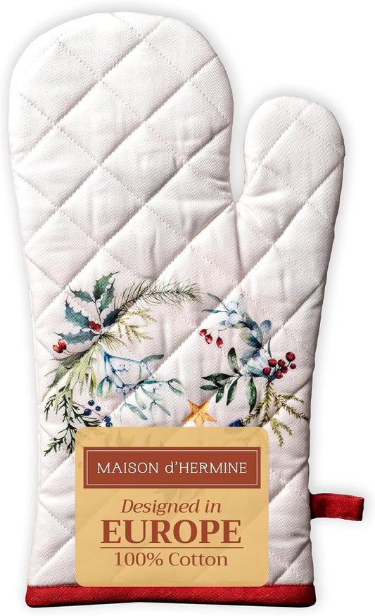 Maison d' Hermine Oven Gloves 100% Cotton Oven Mitt 7" x 13" with Loop Heat Resistant, BBQ, Cooking Gloves, Baking, Grilling, Kitchen, Handling Hot Pans (Pack of 1, Holly Time)