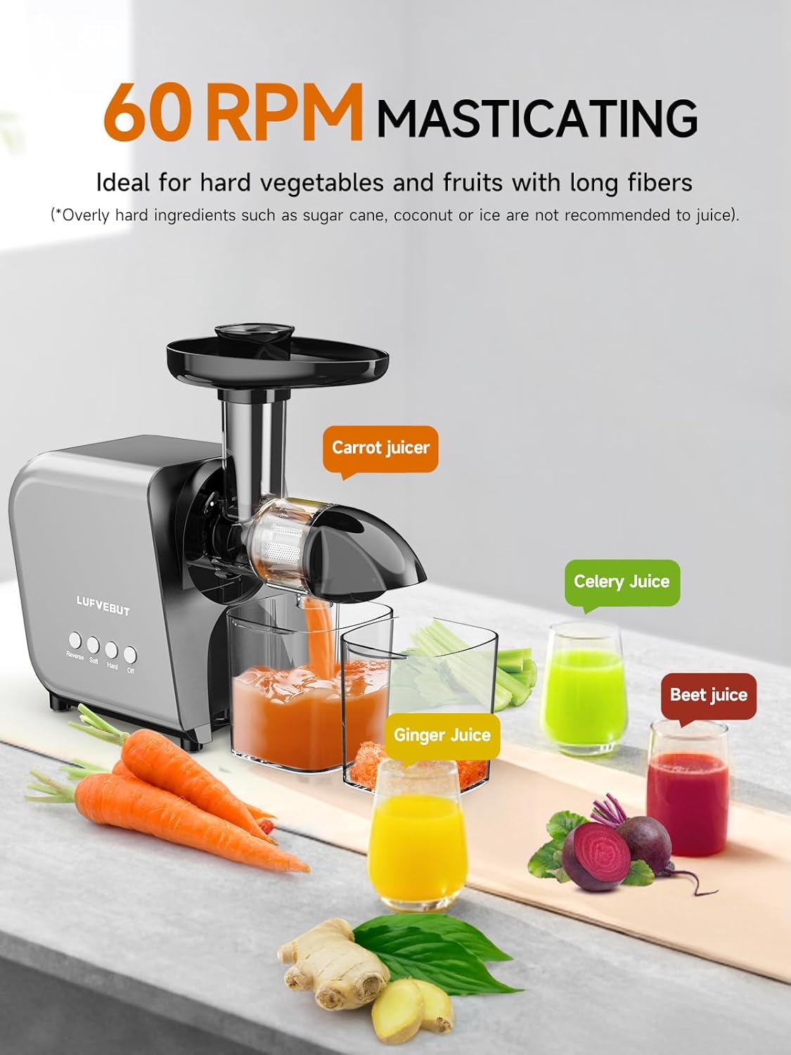 Slow Clod Press Juicer for Fruits Vegetables Celery Carrot Ginger, Masticating Juicer Machine Soft Hard Reverse Function,250W Motor,Easy To Clean, Fresh Orange Juice Extractor