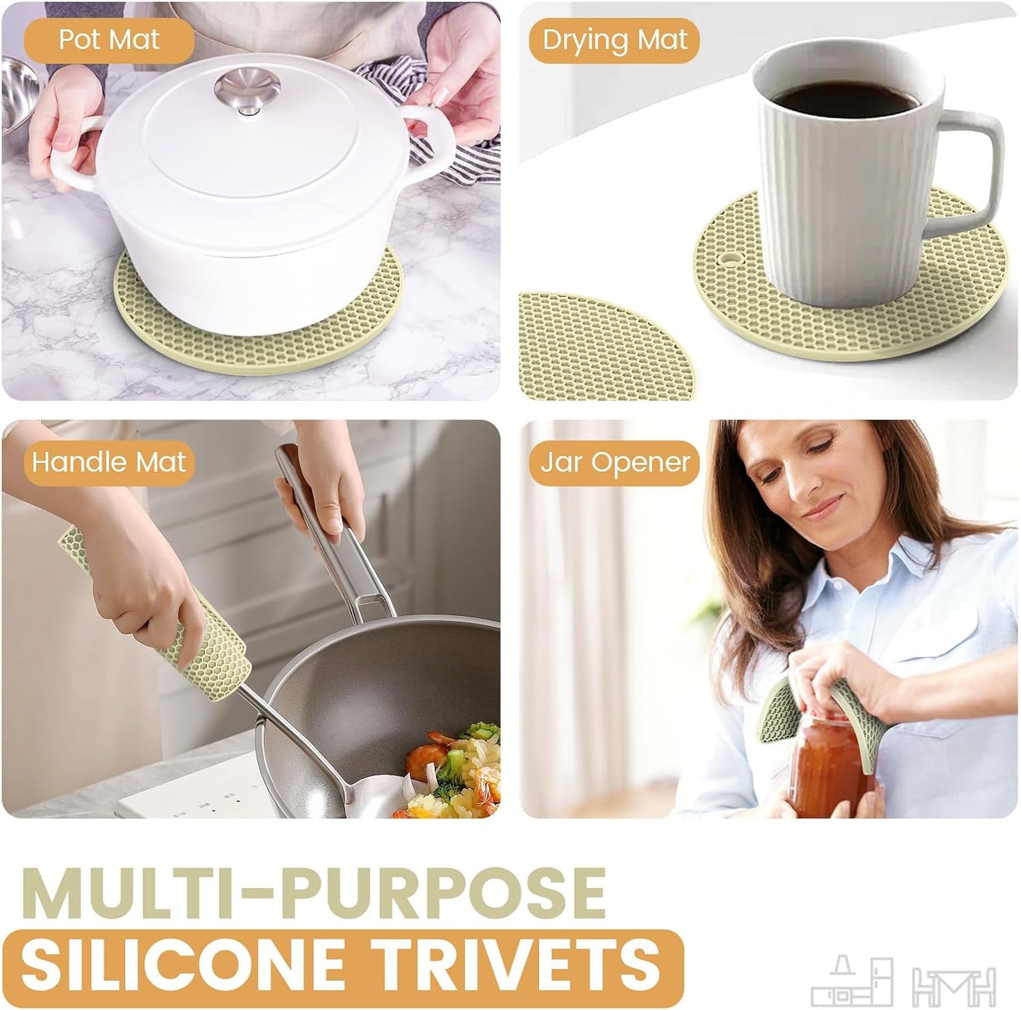 Silicone Trivet Mats 4 Heat Resistant Pot Holders Multipurpose Non-Slip Hot Pads for Kitchen Potholders, Drying mat, Jar Opener, Spoon Holder, Coaster(Nordic Rice)