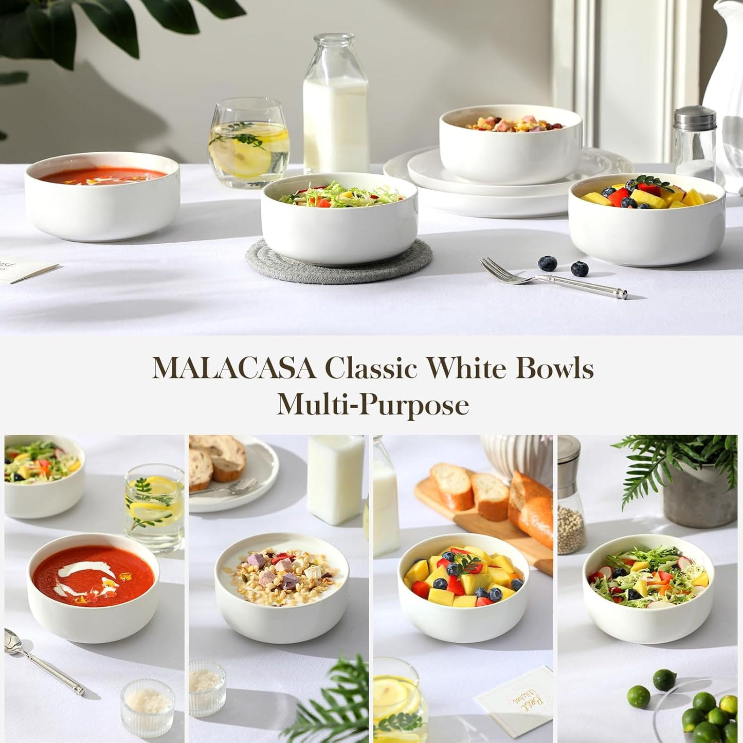 MALACASA 24 OZ Cereal Bowls, 5.8 Inch Soup Bowls Ceramic Bowl Sets of 4, Breakfast Bowls Set for Kitchen, Dishwasher Microwave Oven Safe, White, Series LUNA