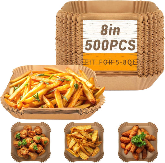500Pcs Air Fryer Paper Liners, 8” Square Disposable Parchment Paper Liner for 5-8 QT Air Fryer, Non-Stick, Oil Proof Unbleached Airfryer for Baking, Roasting Microwave