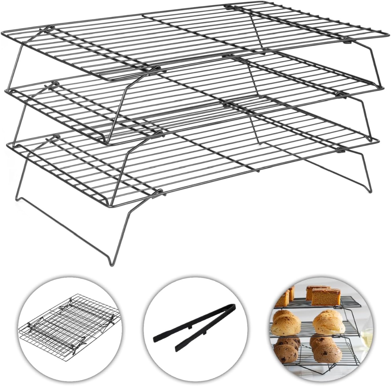 3-Tier Cooling Racks for Cooking and Baking - 13" x 9.6" Stackable Heavy Duty Stainless Steel Wire Rack for Baking, Grilling, Roasting - Oven & Dishwasher Safe - Black