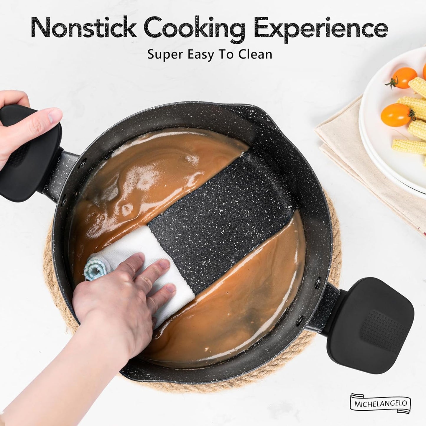 MICHELANGELO Pasta Pot with Strainer Lid, 6 Quart Cooking Pot with Twist and Lock Handles, Soup Pot with Nonstick Granite Coating, Spaghetti Pot Induction Compatible, Black