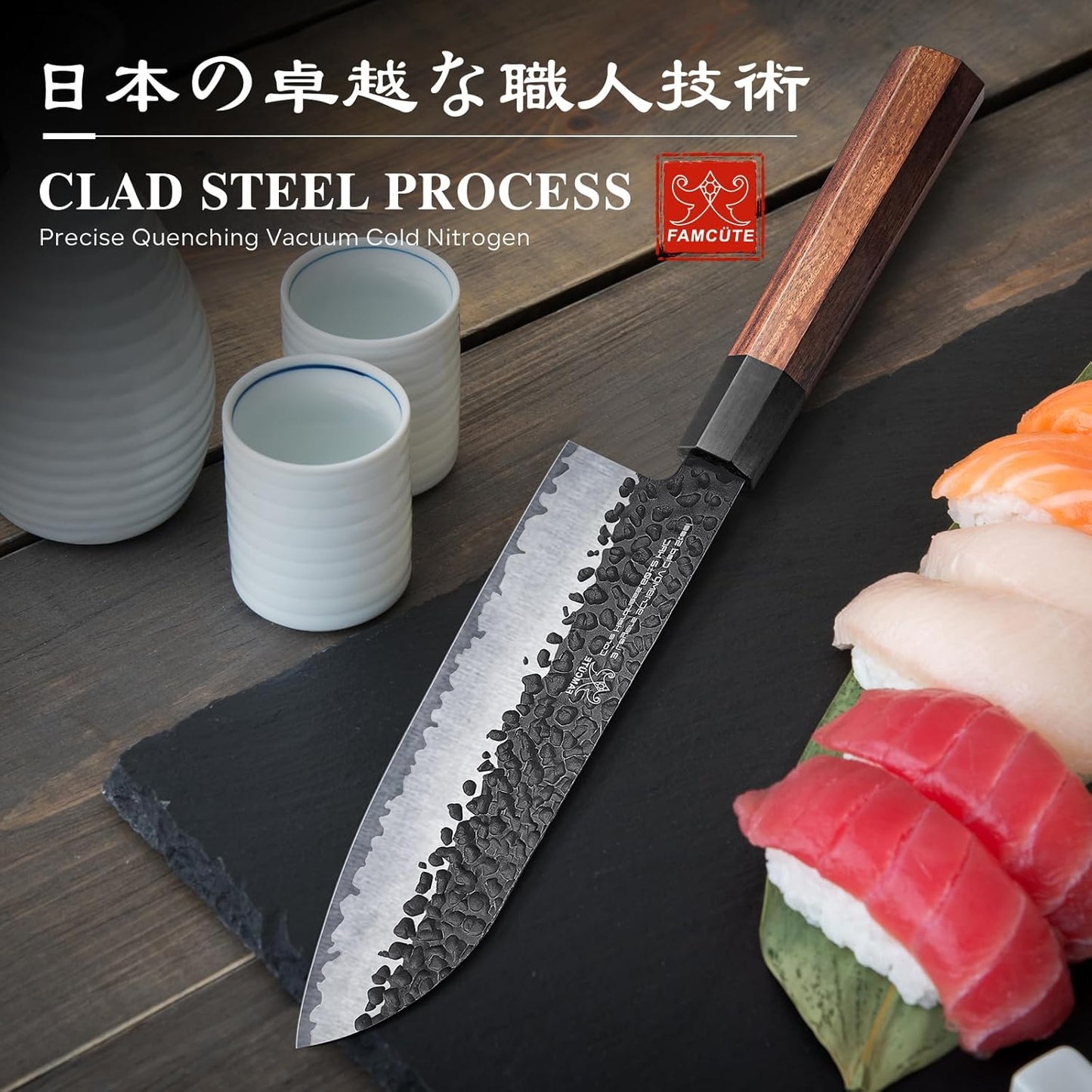 Santoku Knife 7 inch, Hand Forged 5 Layers 9CR18MOV High Carbon Steel Professional Kitchen Knife, Ultra Sharp Rosewood Handle Japanese Sushi Knife As a Thoughtful Birthday Gifts for Mom/Dad