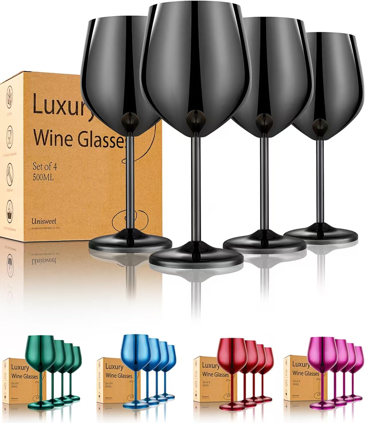 Stainless Steel Wine Glasses Set of 4 Unbreakable Wine Glass 18 oz Unique Metal Wine Goblets for Outdoor, Travel, Camping, Pool, Ideal Gift for Wine Lovers (Mirror-Black)