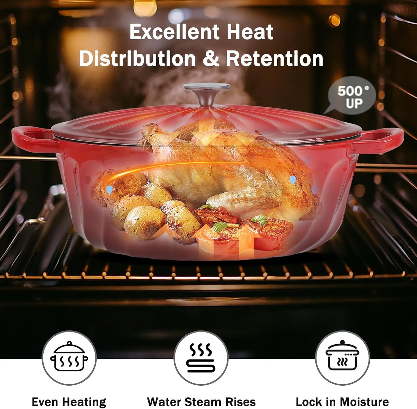 Enameled Oval Dutch Oven Pot with Lid, 7 QT Cast Iron Dutch Oven with Dual Handles for Cooking, Bread Baking, Frying, Non-stick Enamel Coated Oven (7 QT Gradient Red)