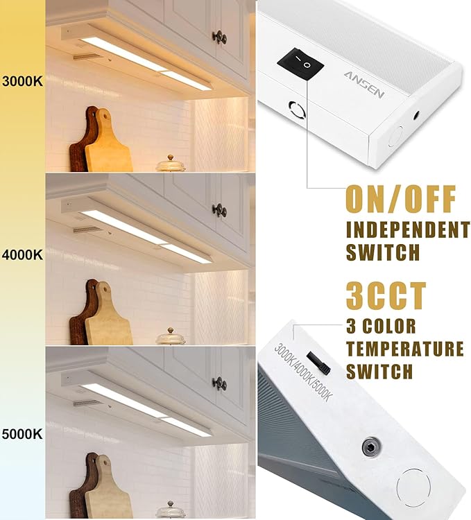 Ansen Hardwired Under Cabinet Lighting, 24in 18W LED Light for Kitchen/Closet, 1237lm, CRI>92, R9>90, 3 Color Temperature, Dimmable, 3000K/4000K/5000K(Warm White, Cool White, Daylight)